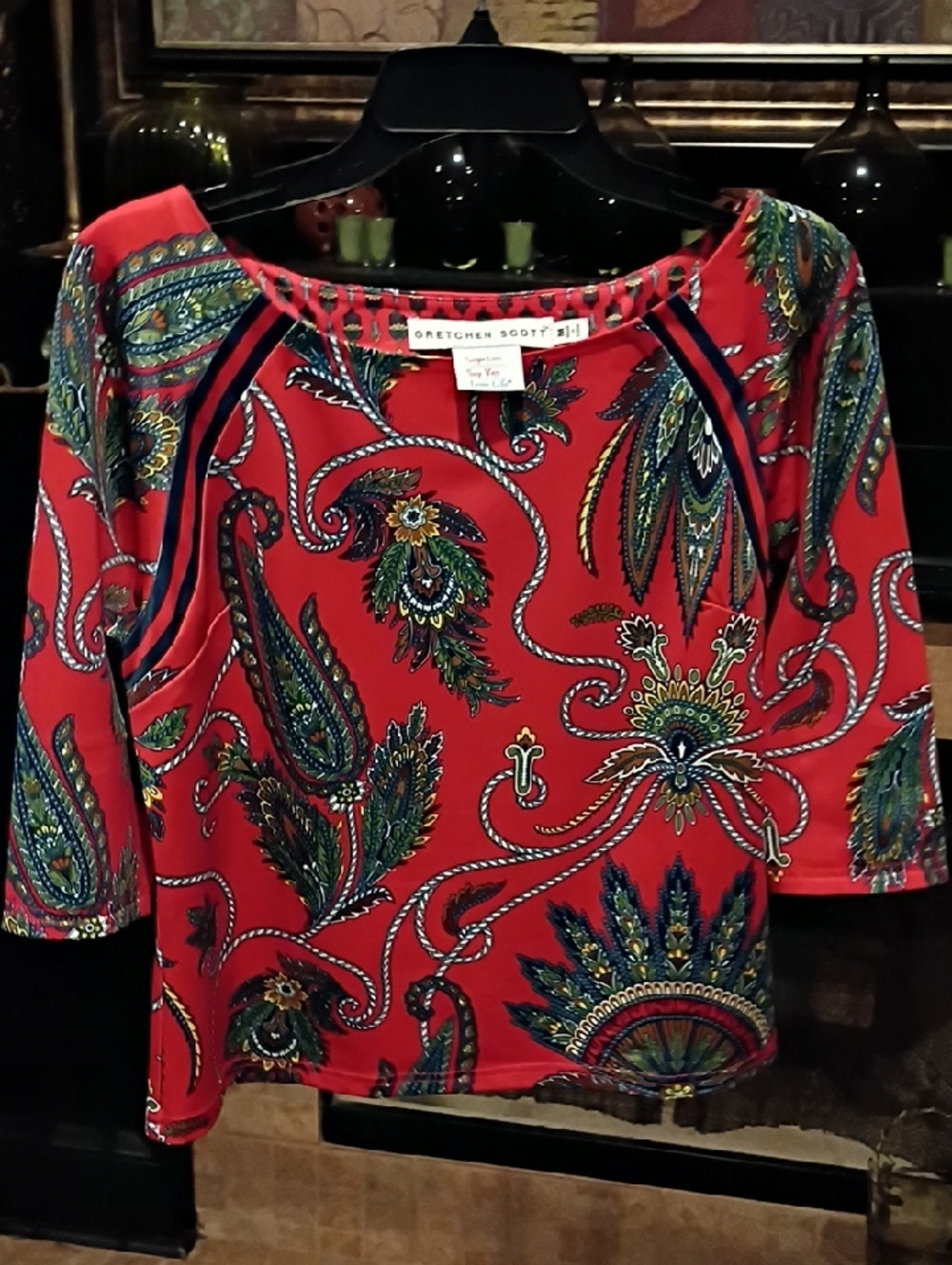 FINAL PRICE Gretchen Scott Red Multicolored Paisley Rope Print Blouse - Picture 2 of 15